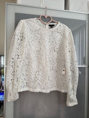 Aqua White Floral Lace Long-Sleeve Blouse